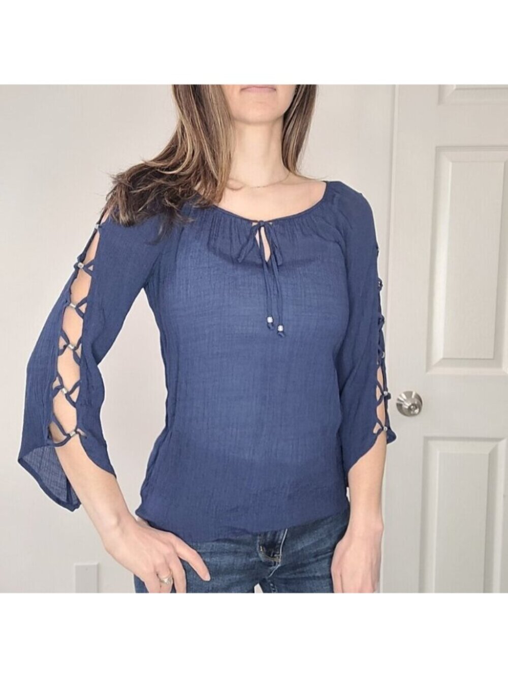 Apt. 9 Navy Blue Lightweight 3/4 Open Sleeve Tie Neck Blouse Size Small